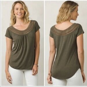 Prana‎ Women's Gray Crochet Neck Top Short Sleeve Lightweight Blouse Size L